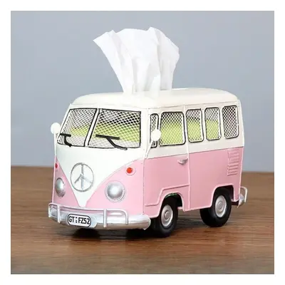 (pink) Vintage Iron Art Creative Industrial Style Bus Tissue Box Home Living Room Desktop Decora