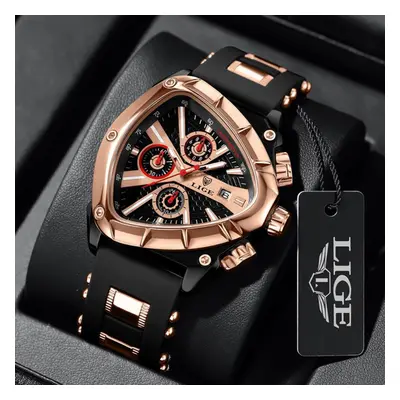 (rose gold) Lige Creative Fashion Men Quartz Watch Top Brand Triangle Dial Leisure Watch Night G