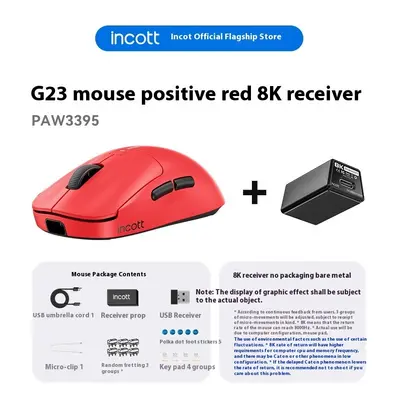 (G23 Red-8K) Incott Wireless Mouse Dual Mode 8K PAW3950 Fast Charge Hot Swap Gaming Mouse Ergono