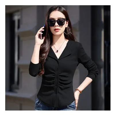 (Black, L) #0438 Spring Autumn Short T Shirt Women Turn-down Collar Buttons Sexy Skinny Long Sle