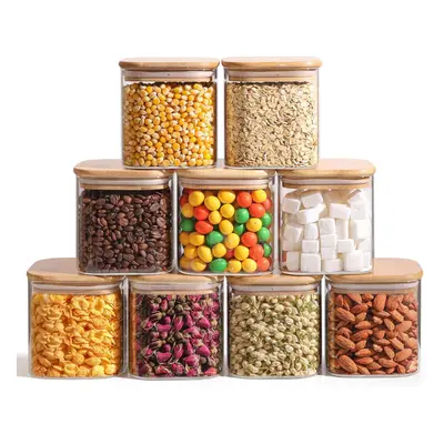 (Square/700ml*9) Clear Glass Storage Containers with Bamboo Lids, Pantry Organization Jar, Spice