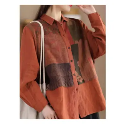 (One Size, brown) Johnature Women Vintage Print Floral Shirts Tops Button Spring Blouses Button 