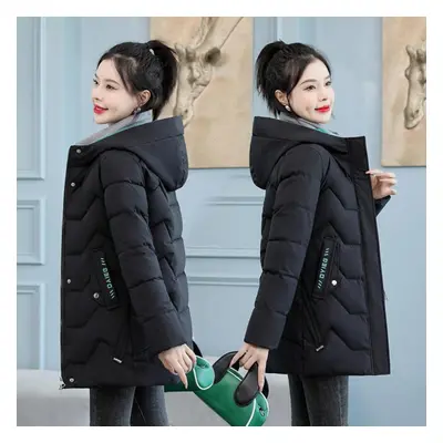 (black, 2XL) New Cotton Jacket Women&apos;s Medium-length Down Cotton Jacket Thickened Warm Wome