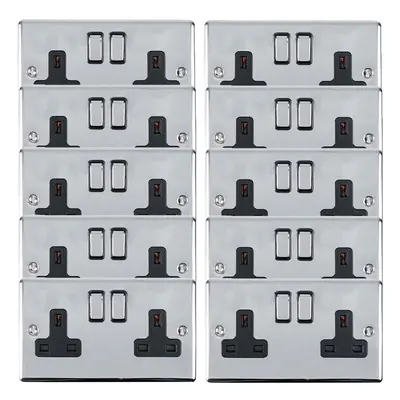 10 PACK Gang Double UK Plug Socket POLISHED CHROME 13A Switched Black Trim