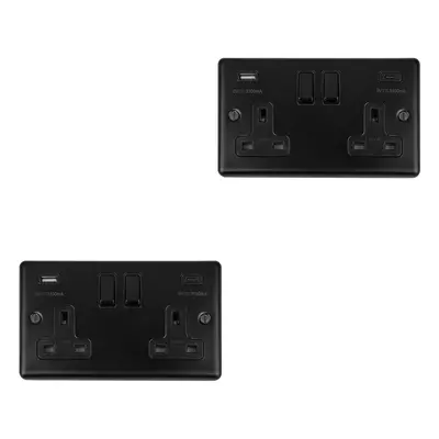 2 PACK Gang Double UK Plug Socket & Dual 3.1A USB-C MATT BLACK 13A Switched