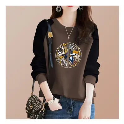 (Coffee, XXXL) Chinese Style Autumn Winner New T-shirt Women O-Neck Printing Patchwork Contrast 