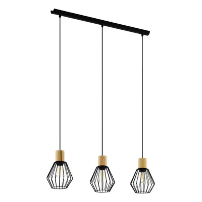 Hanging Ceiling Pendant Light Black Cage & Wood 3x E27 Bulb Kitchen Feature