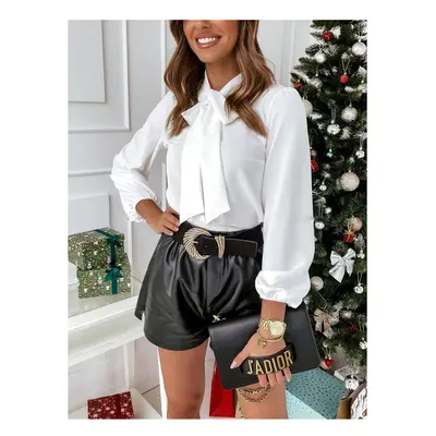 (black, M) Blouses Women Shirt Solid Lace Up Casual Slim Fit Full Sleeve Shirts Elegant Splice S