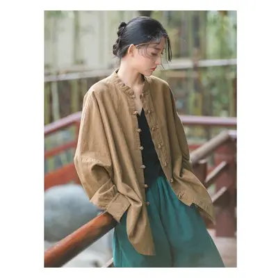 (One Size, yellow) Johnature Women Chinese Style Linen Shirts Tops Stand Long Sleeve Blouses Spr