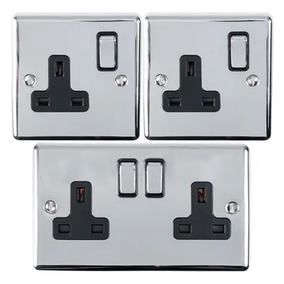 UK Plug Socket Pack -1x Twin & 2x Single Gang- CHROME / Black 13A Switched