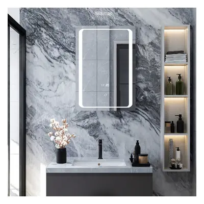 Anti Fog 1-Door LED Mirrored Bathroom Cabinet Touch Control Switch with Shaver Socket and Clock 