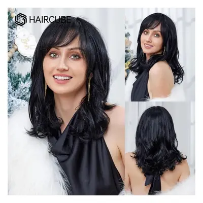 Haircube Natural Black Wavy Human Hair Blend Wigs Shoulder Length Synthetic Wigs With Bangs Heat