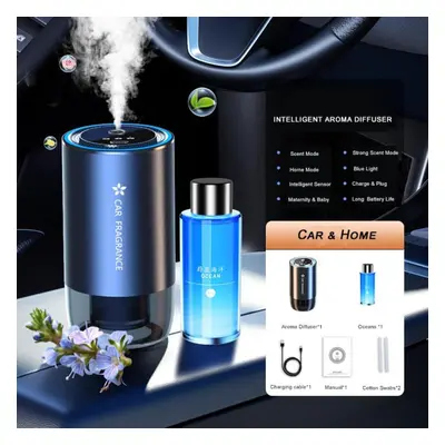 (Blue) Car Air Freshener LED Light Essential Oil Fragrance Diffuser Smell Distributor USB Rechar