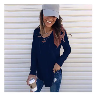 (M, Dark blue) New Popular Solid Color V-neck Strap Loose Top T-shirt