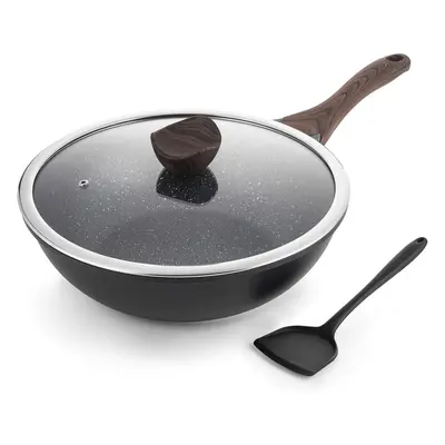 Non Stick Induction Wok Pan, 30cm Deep Stir-Fry Pans with Lid, Stay Cool Handle, Compatible with