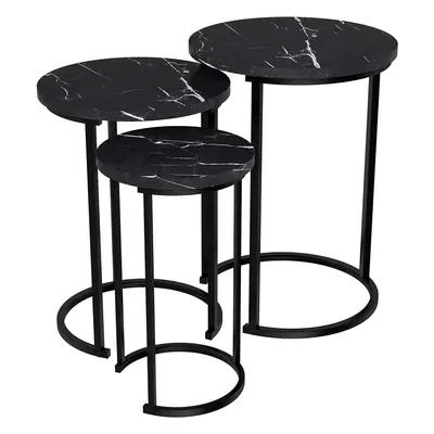 (Black) Set of Round Marble Look MDF Steel Nesting Side Coffee Tables Stacking Sofa