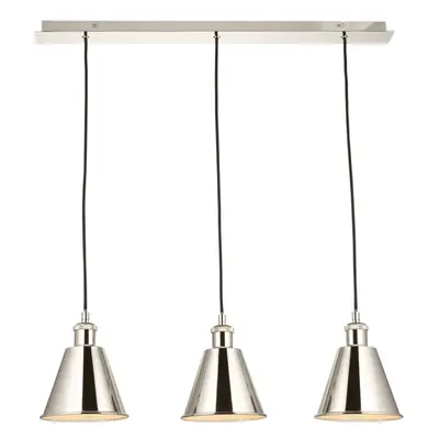 Bright Nickel Three Light Ceiling Pendant & White Inner Shade Knurled Detailing