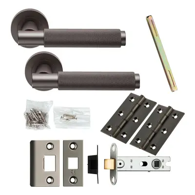 Door Handle & Latch Pack Matt Bronze Knurled Round Bar Screwless Round Rose