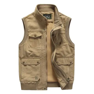 (khaki, 2XL) Plus Size Men&apos;s Vest Casual Jacket Spring And Autumn Loose Style Cotton Multi-