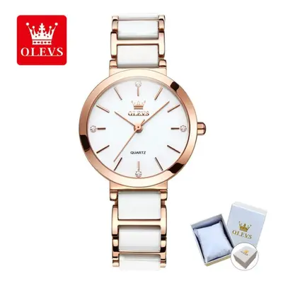 (white) Olevs With Gift Box Ceramic Strap Quartz Watch Simple Trend Ladies Watch