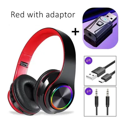 (Red with adaptor) Noise Cancelling Wireless Headphones With Mic Foldable Bluetooth Headset