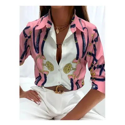 (B25SLTH2461415052, L) Boutique Pattern Printed Button Long Sleeve Women's Shirt Vintage Elegant