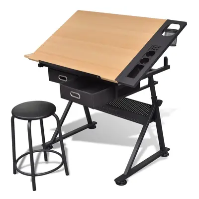 vidaXL Two Drawers Tiltable Tabletop Drawing Table with Stool Computer Desk