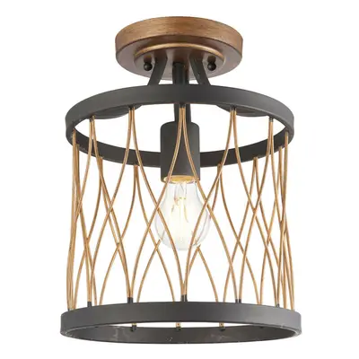 Flush Ceiling Mount Light Black & Bronze Round Rustic Vintage Metal Wire Lamp