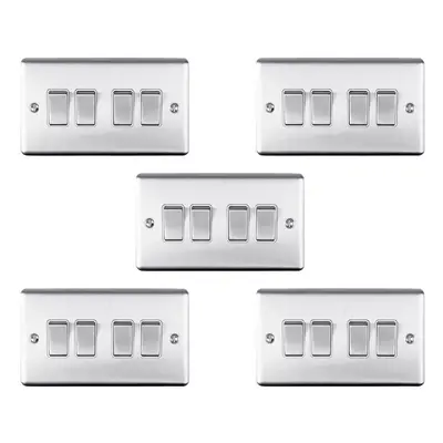 5 PACK Gang Quad Metal Light Switch SATIN STEEL Way 10A White Trim