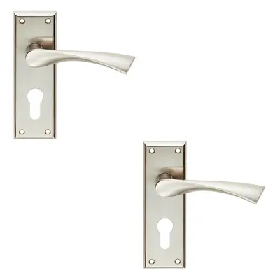 2x PAIR Angular Lever on Euro Lock Backplate Handle x 50mm Satin Nickel