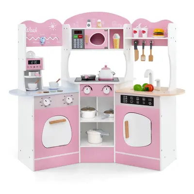 Corner Wooden Play Kitchen Toddler Kitchen Playset With Sounds-Pink