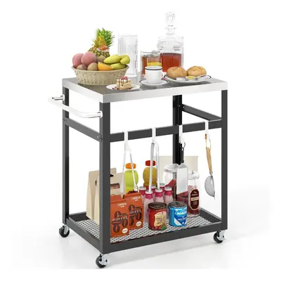 2-tier Outdoor Grill Cart on Wheels Pizza Oven Stand Trolley Stainless Steel Top