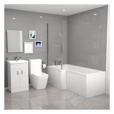 Cann L-Shaped RH Shower Bath, White Basin Vanity Unit & Close Coupled Toilet