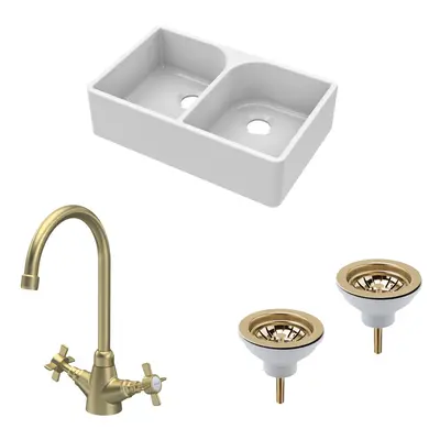 Fireclay Kitchen Bundle - Double Bowl Full Weir Butler Sink No Overflow, Wastes & Mono Tap, 795m