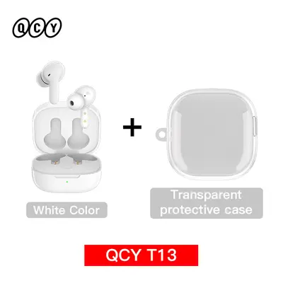 (T13 White with case) QCY T13 Wireless Smart Headphone BT5.1 TWS Earphone Mic ENC HD Call