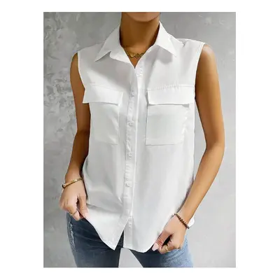 (WHITE, S) Summer White Sleeveless Lapel Shirt Solid Color Pocket Office Lady Casual Elegant Shi