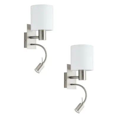 2 PACK Wall Light Colour Satin Nickel Shade White Fabric E27 LED 1x40W 1x3.5W