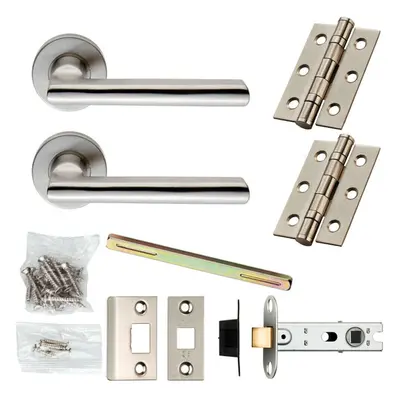 Door Handle & Latch Pack Satin Steel Smooth Straight Bar Screwless Round Rose