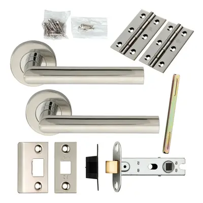 Door Handle & Latch Pack Polished Steel Mitred Lever Screwless Round Rose