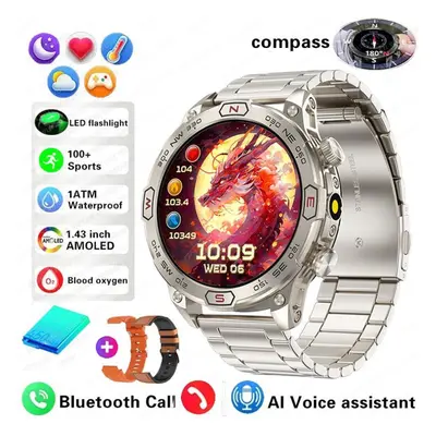 (silver,orange, Steel+Silicone+Leather) New Outdoor Military Gps Smart Watch Men Amoled Hd Scree