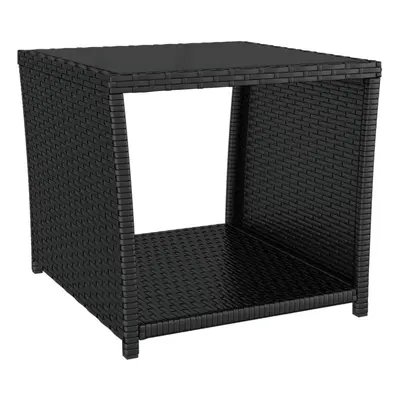 vidaXL Tea Table with Glass Top Black Poly Rattan and Tempered Glass Table