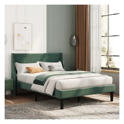 Double Bed Velvet Dark Green 4FT6 Upholstered Bed with Winged Headboard, Wood Slat Support