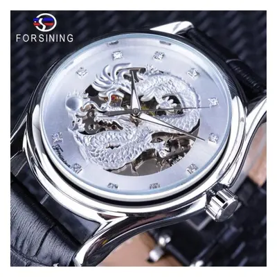 (white) Forsining Chinese Dragon Design Diamond Dial Men Watch Luminous Hands Brand Luxury Mecha