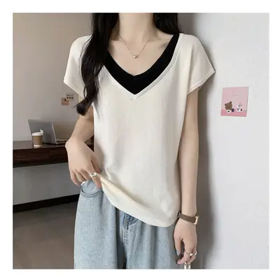 (Beige, XXXL) Summer Large Size Women New Fake Two-piece V-neck Short-sleeved T-shirt Loose Cool