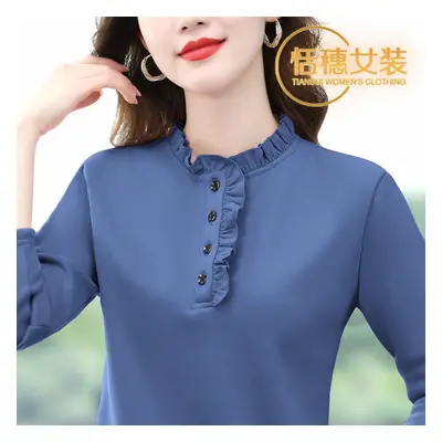 (Blue, XL) Ladies Spring Autumn Fashion Simplicity Button Solid Color O-neck Long Sleeve Women C