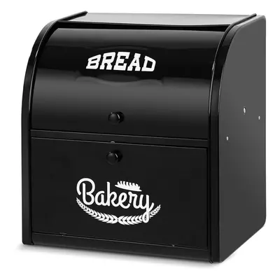 (Black) Metal Double Compartment Bread Box Roll Top Bread Box Kitchen Food Storage Bin