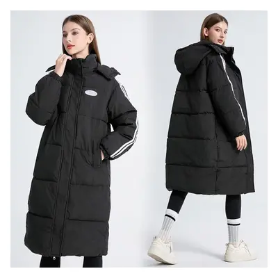 (black, XXL) Autumn Winter Warm Jackets Women Solid Color Loose Long Hooded Coat Parkas Outwear 