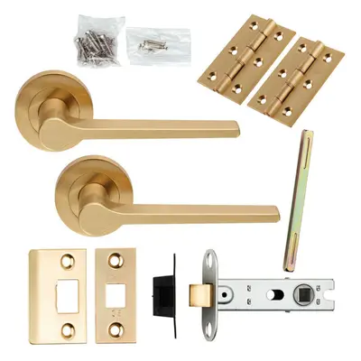 Door Handle & Latch Pack Satin Brass Straight Round Bar Screwless Round Rose