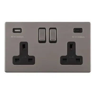 2 Gang Double 13A UK Plug Socket & 2x 3.1A USB-C & USB-A SCREWLESS BLACK NICKEL