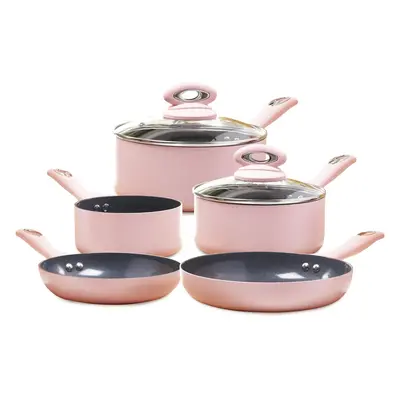 (Pink) 5-piece ceramic cookware set - includes frying pans and saucepans with grey glitter ceram